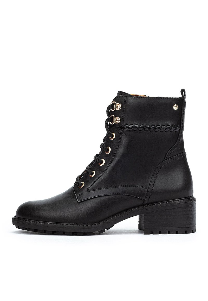 Black leather ankle boot with lace-up front, gold eyelets, braided detail near the top, and chunky block heel on white background.
