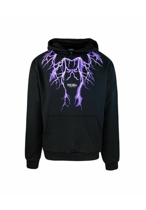 Felpa nera con grafica di un fulmine viola sul petto, tasca a marsupio e cappuccio con coulisse. Tessuto morbido e testurizzato.