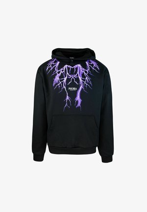 Felpa nera con grafica di un fulmine viola sul petto, tasca a marsupio e cappuccio con coulisse. Tessuto morbido e testurizzato.