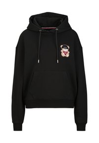Zwarte hoodie van zachte stof, met een voorzak, trekkoordkapuchon en een kleurrijke teddybeer graphic op de borst.