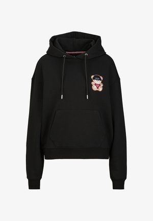 Schwarzer Kapuzenpullover aus weichem Stoff, mit einer Fronttasche, einer Kordelzugkapuze und einem bunten Teddybär-Graphic auf der Brust.