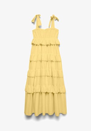 Kollane kihiline maxi-kleit eestlasest servade ja luku otsas õlapaeltega, millel on kogutud rinnaosa ja volangidega kihid.