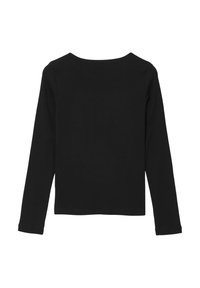 Maglietta nera a maniche lunghe con scollo tondo e orlo dritto. Il tessuto appare liscio e ha una texture uniforme.