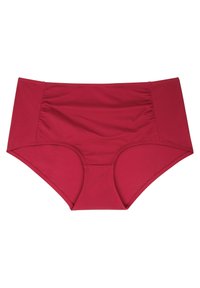 Burgundijas augsto vidukli bikini apakšdaļa ar gludu tekstūru, pilnu segumu un sānu rušēšanas detaļām. Izgatavota no elastīga peldēšanas auduma.