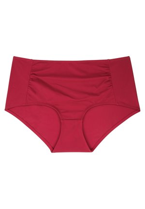 Bikini bottom a vita alta color bordeaux con una texture liscia, design a copertura totale e dettagli arricciati sui lati. Realizzato in tessuto elasticizzato per costumi da bagno.
