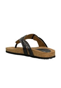 Sandalo flip-flop nero con decorazioni scintillanti, suola intermedia in sughero e fodera in microfibra marrone testurizzata. Suola in gomma nera con motivo antiscivolo.