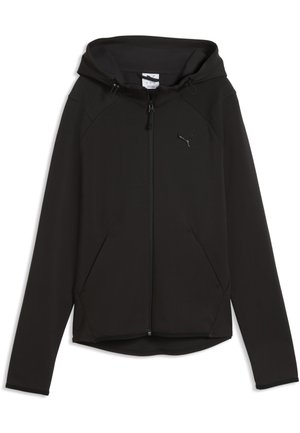 Veste noire à capuche zippée avec manches longues et poches avant, avec un petit logo Puma sur la poitrine gauche.