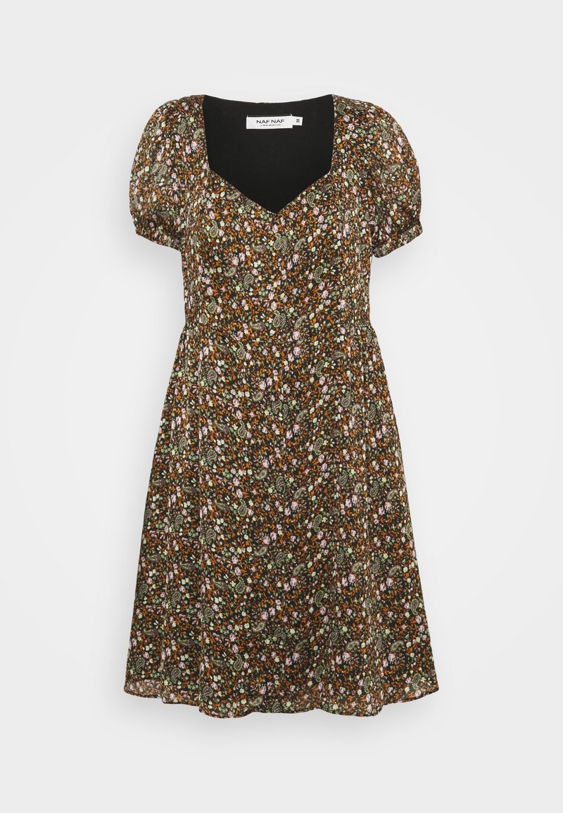 Robe noire à fleurs avec manches courtes bouffantes, décolleté en V et jupe évasée présentant de petites fleurs multicolores sur un fond vert foncé.