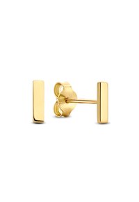 Goldene Steckerohrringe mit rechteckigem Stabdesign, das eine glatte, glänzende Oberfläche und eine traditionelle Schmetterlingsverschluss bietet.
