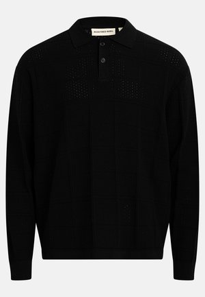 Schwarzer, langärmliger Polo-Pullover aus Strick mit dezentem Quadratmuster und zwei schwarzen Knöpfen am Kragen, mit dem Aufdruck "Redefined Rebel".