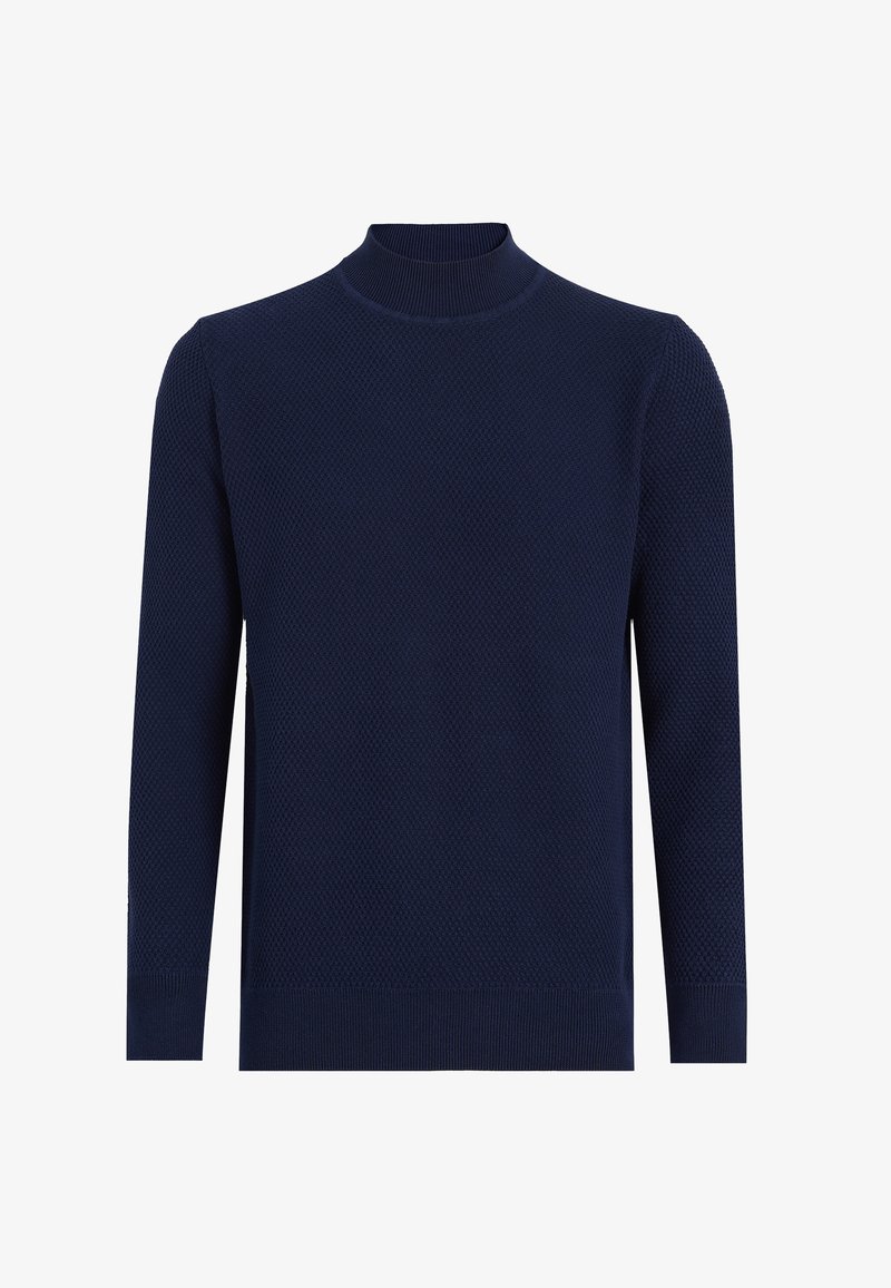 Granatowy sweter dzianinowy z wysokim dekoltem, ozdobiony fakturowanym wzorem i długimi rękawami. Ribery przy mankietach i dolnym brzegu zapewniają dopasowany wygląd.