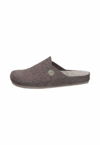 Brown felt slip-on slipper with a smooth surface, rounded toe, and subtle spiral accent. Interior features soft, light-colored lining.