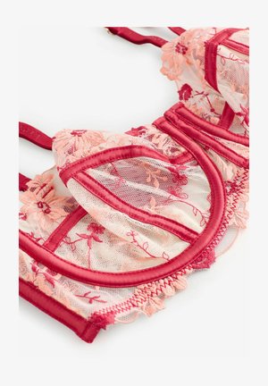 Soutien-gorge en dentelle rose transparent avec une broderie florale rouge complexe. Comprend un soutien-gorge avec armatures et des bordures en satin rouge le long des bords et des bretelles.