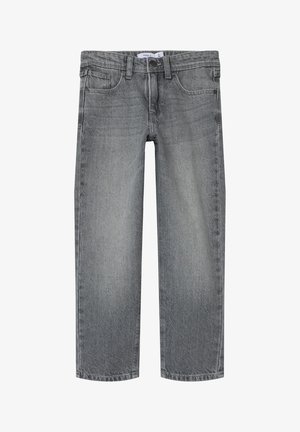 Jean droit gris en denim avec poches avant, passants de ceinture et fermeture par bouton à la taille.