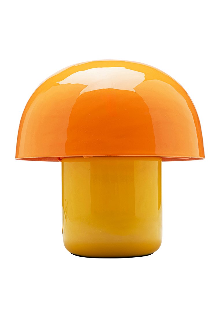 Pilzförmige Lampe mit einer glänzenden orangefarbenen Kuppel und einem matten gelben Fuß. Glatte Oberflächen und abgerundete Konturen schaffen ein modernes Design.