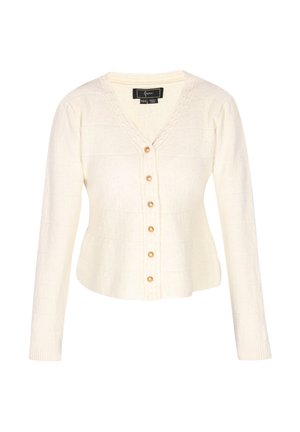 Cardigan crema con scollo a V, maniche lunghe e un motivo testurizzato. Caratterizzato da sei bottoni dorati sulla parte anteriore e un orlo corto.