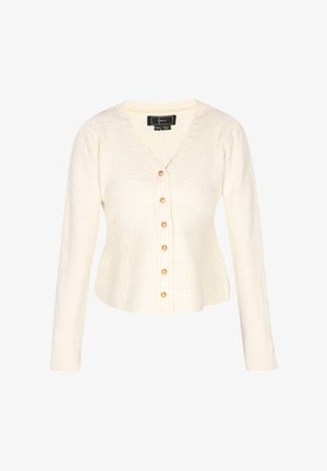 Cardigan crema con scollo a V, maniche lunghe e un motivo testurizzato. Caratterizzato da sei bottoni dorati sulla parte anteriore e un orlo corto.