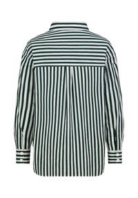 Striped button-up shirt featuring green and white colors, long sleeves, a collar, and a back pleat for movement. Standard button cuffs.