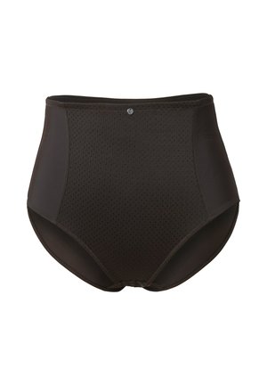 Hochtaillierte schwarze Unterwäsche mit strukturierter Oberfläche, glattem Bund und einem kleinen metallischen Akzent auf der Vorderseite. Der Stoff ist dehnbar und langlebig.