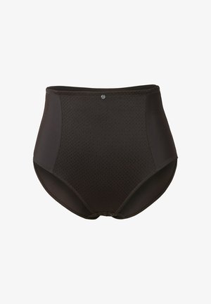 Hoge taille zwarte onderbroek met een textuur op het lichaam, een gladde tailleband en een kleine metalen accent aan de voorkant. Stof is rekbaar en duurzaam.