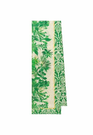 Rectangular fabric with green tropical leaf patterns on a cream background, bordered by intricate green and white damask design.