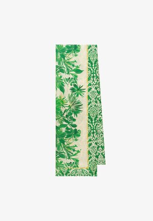 Rectangular fabric with green tropical leaf patterns on a cream background, bordered by intricate green and white damask design.