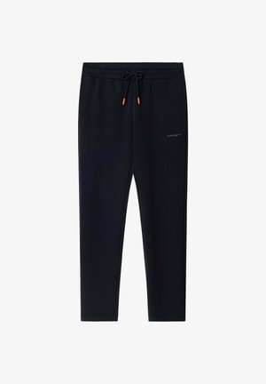 Schwarze Jogginghosen aus weichem Stoff mit elastischem Bund und Kordelzug, seitlichen Taschen und einem kleinen Logo am linken Bein.