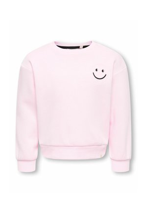 Sweat-shirt rose clair à manches longues avec poignets et ourlet côtelés, ornée d'un petit motif smiley noir sur le haut gauche de la poitrine.
