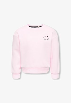 Sweat-shirt rose clair à manches longues avec poignets et ourlet côtelés, ornée d'un petit motif smiley noir sur le haut gauche de la poitrine.