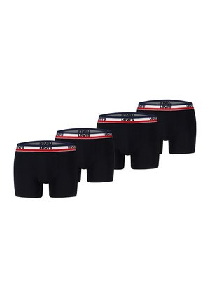 Four black Levi's boxer briefs with elastic waistbands featuring red, white, and black stripes and Levi's logo.