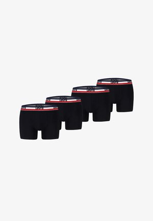 Vier schwarze Levi's Boxer mit elastischen Bündchen, die rote, weiße und schwarze Streifen sowie das Levi's-Logo zeigen.