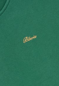 Grüner Baumwollpullover mit Rippkragen und goldbesticktem "Blkvis"-Logo auf der Brust. Glatte Textur mit einem lässigen Design.