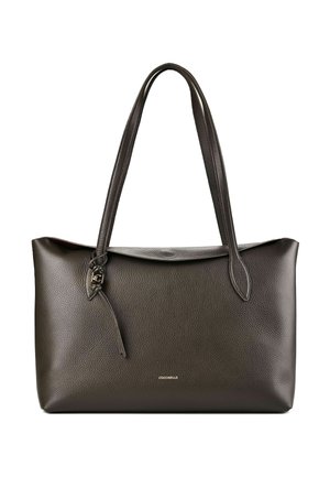 Sac cabas en cuir marron foncé avec deux anses épaules et petit logo de la marque "Coccinelle" au centre devant.