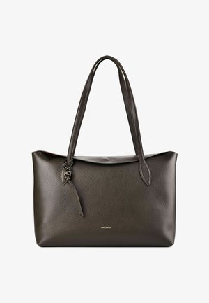Sac cabas en cuir marron foncé avec deux anses épaules et petit logo de la marque "Coccinelle" au centre devant.