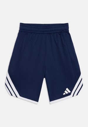 Shorts de sport bleu marine avec bordure blanche et trois bandes blanches de chaque côté, avec un logo Adidas sur la jambe inférieure droite.