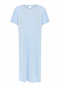 Ljusblå t-shirtklänning i mjukt material, med rund halsringning och korta ärmar, med en avslappnad, rak passform och utan synliga mönster.