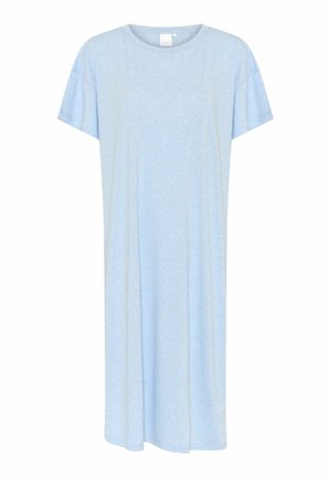 Ljusblå t-shirtklänning i mjukt material, med rund halsringning och korta ärmar, med en avslappnad, rak passform och utan synliga mönster.