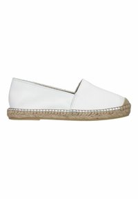 Weiße Leder-Espadrilles ohne Schnürung mit einer Sohle aus Jutekordel und runder Zehenpartie. Glatte Textur mit einem kontrastierenden gewebten Besatz entlang der Sohle.