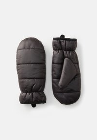 Svarte puffervotter med quiltet tekstur, avrundede spisser og elastiske mansjetter. Én vante har et tommelrom. Mykt materiale.