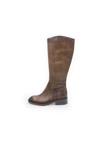 Brown leather knee-high boot with a smooth texture, rounded toe, minimal detailing, and a low stacked heel.