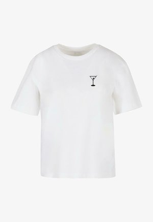 Balts kokvilnas T-krekls ar melnu drukātu martini glāzes logo kreisajā krūtī. Klasiska apaļā kakla форме un īsām piedurknēm.
