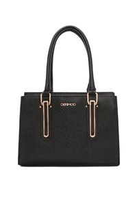 Bolso de mano sintético negro con asas dobles, acentos en tono dorado y acabado texturizado. Presenta el logotipo en la parte frontal.