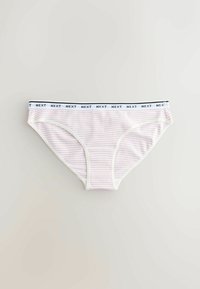 Ženske bikini gaćice s bijelim i blijedoružičastim prugama te bijelim pojasom s ponovljenim crnim tekstom "NEXT".