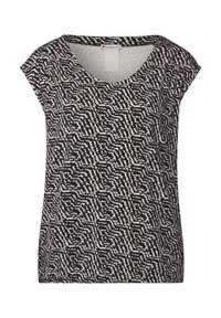 Černobílý top s krátkým rukávem se geometrickým vzorem, s vykrojeným dekoltem a volným, uvolněným střihem. Jemná textura látky.