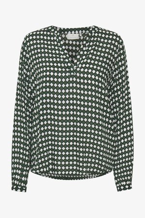 Groene en witte met print lange mouw blouse. Heeft een V-halslijn en een ruitvormig patroon. De stof lijkt licht en glad te zijn.