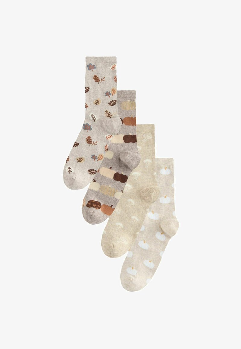 Set of three socks featuring beige and light brown fabric, adorned with floral and pumpkin patterns in varying colors.