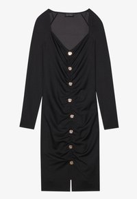 Robe noire avec des manches longues, décolleté en V profond, fronces à l'avant et boutons décoratifs sur le devant. Tissu lisse avec une silhouette ajustée.