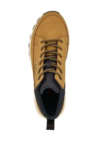 Braune Wildlederschuhe zum Wandern mit schwarzem Textilkraussen, runden Schnürsenkeln und einem gepolsterten Innenbereich. Verfügt über eine Schlaufe zur Hilfe beim Anziehen an der Ferse.