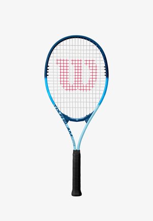Blaues Tennisschläger mit einem Gittermuster in der Saite und einem roten "W"-Logo. Verfügt über einen schwarzen Gummigriff und ein hellblaues Rahmendesign.
