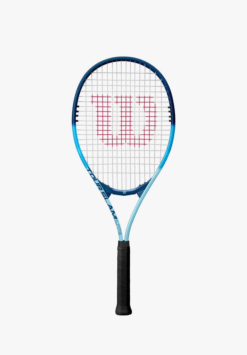 Blaues Tennisschläger mit einem Gittermuster in der Saite und einem roten "W"-Logo. Verfügt über einen schwarzen Gummigriff und ein hellblaues Rahmendesign.